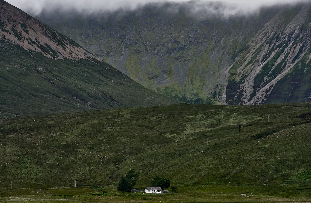 Skócia, tájkép, magányos ház 