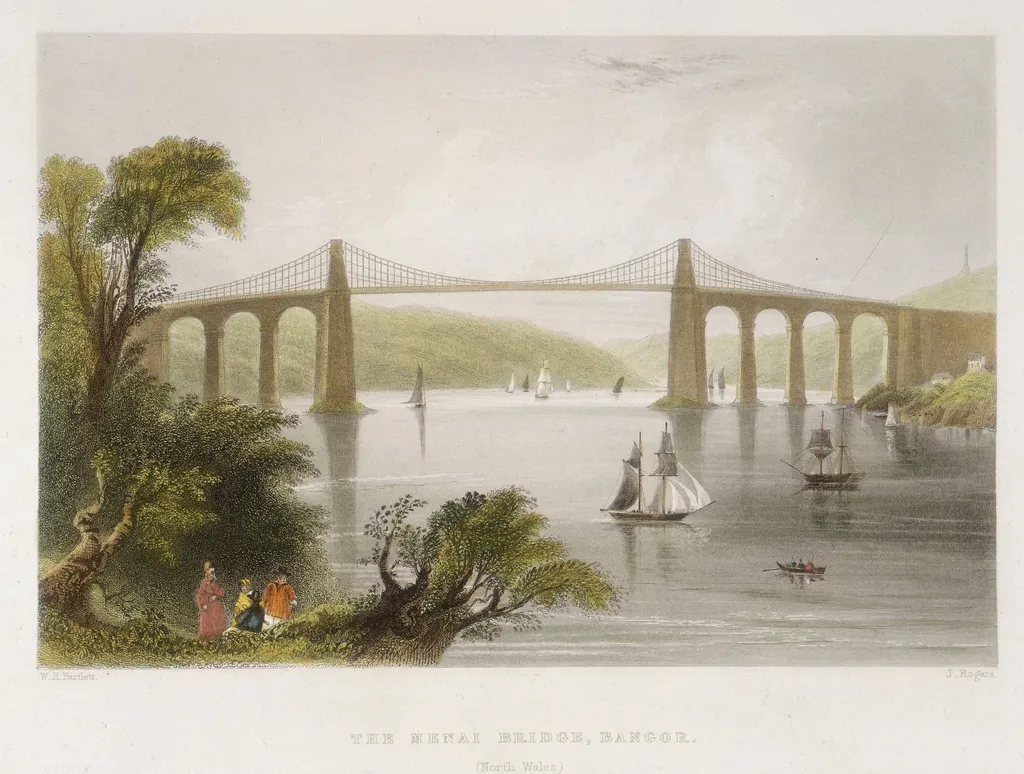 Menai-szoros hídja, Wales, függőhíd, Thomas Telford's suspension bridge over Menai Straits, Wales, built 1820-1826 19th century Britain Civil Engineering Horizontal TRANSPORT DANGEROUS MATERIALS 
