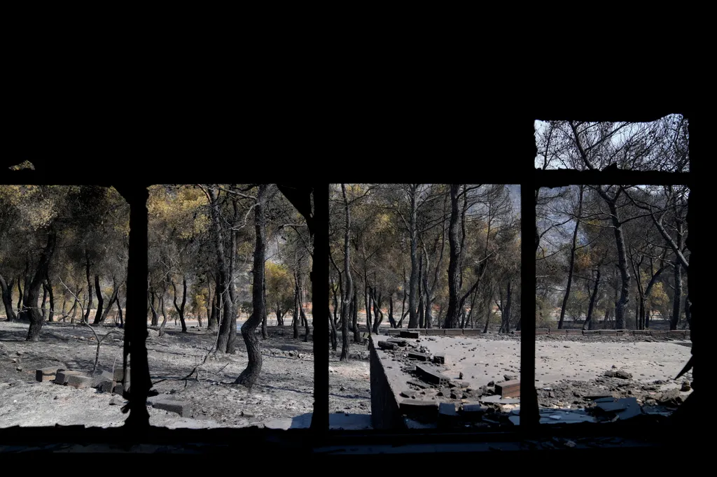 tűzoltó tomboló erdőtűz Görögország  erdőtűzben megégett épületből nézve az Athéntól nyugatra fekvő Mandrában 2023. július 19-én. Az Európai Unió egyik polgári védelmi mechanizmusának keretében Franciaország és Olaszország két-két tűzo 