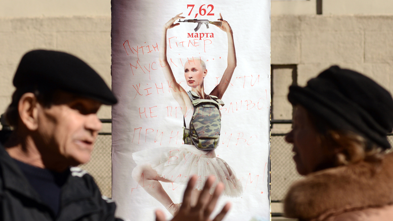ukrán elnökválasztás, ukrajna, putyin kalasnyikovval Lvivben egy orosz ellenes plakáton 