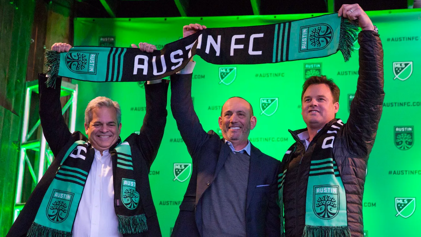 MLS: Austin FC-Press Conference Jan 15, 2019; Austin, TX, USA: From left, Austin mayor Steve Adler, Don Garber, Major League Soccer commissioner and Anthony Precourt, Chairman and CEO of Austin FC announce Austin FC as the newest MLS team at the Rustic Ta