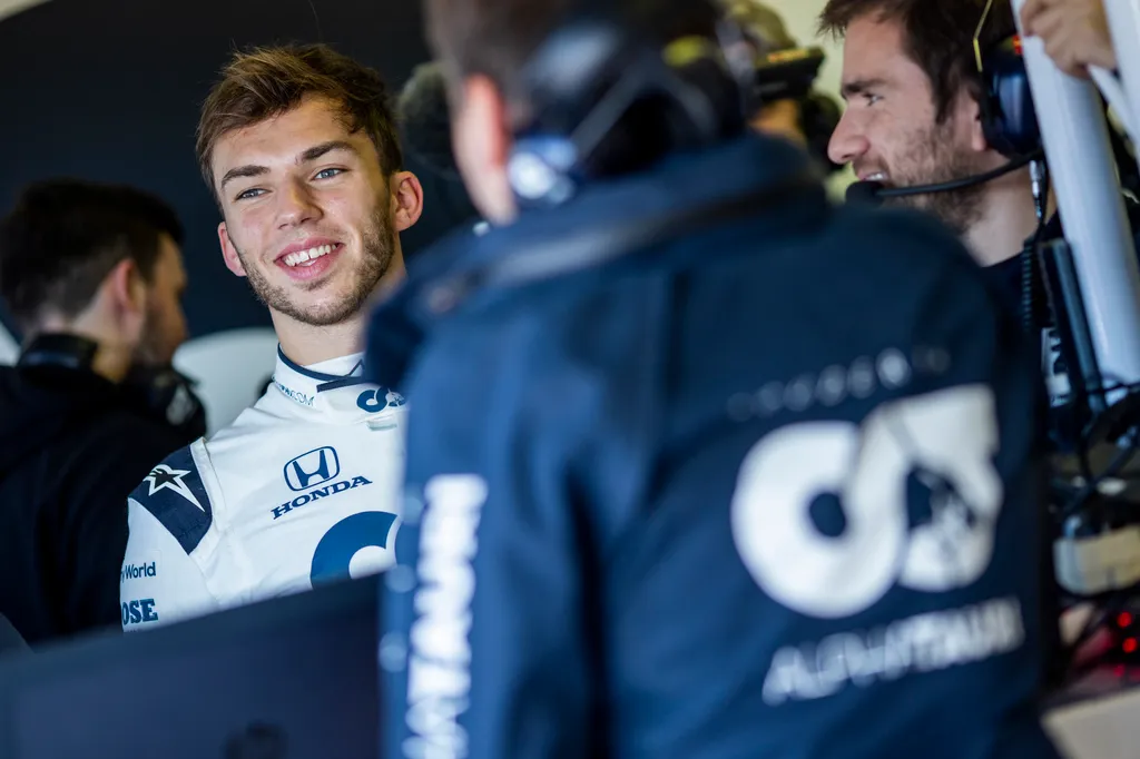 Pierre Gasly Pierre Gasly of France and Scuderia AlphaTauri talks to his mechanic during the filming day in Misano, Italy on February 15, 2020 