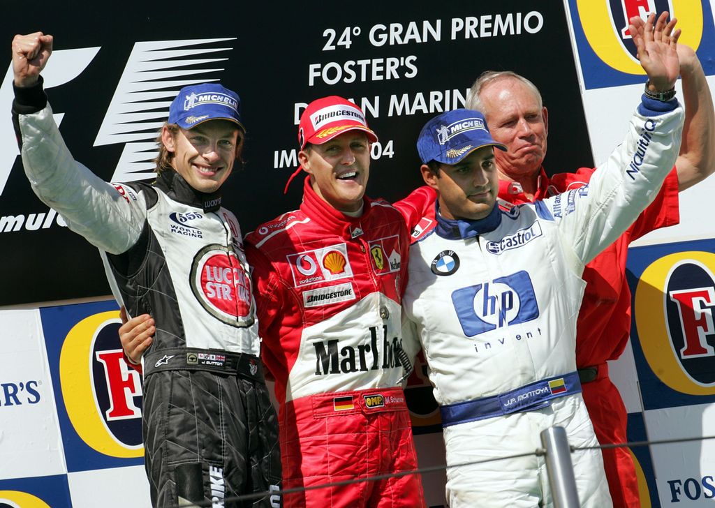 Formula 1 - Michael Schumacher wins in Imola ITALY:ITA Motor_Racing SPO Sports cheering F1 formula_one group HORIZONTAL 
