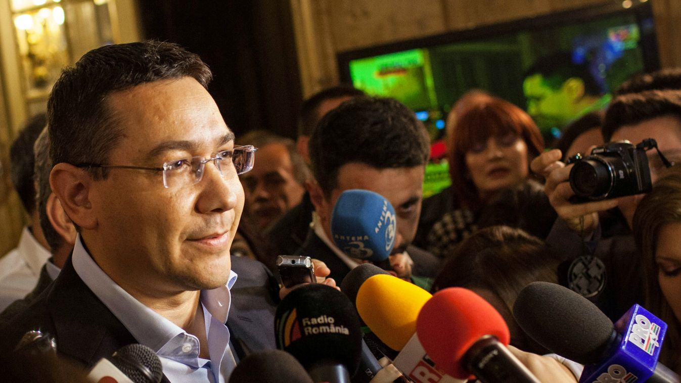 POLITICAL LEADER PRESIDENTIAL ELECTION SPEECH HORIZONTAL PRESS CONFERENCE CANDIDATE PRIME MINISTER LOSER Romanian Prime Minister and presidential candidate Victor Ponta addresses the media to concede defeat after the exit polls placed him second, on Novem
