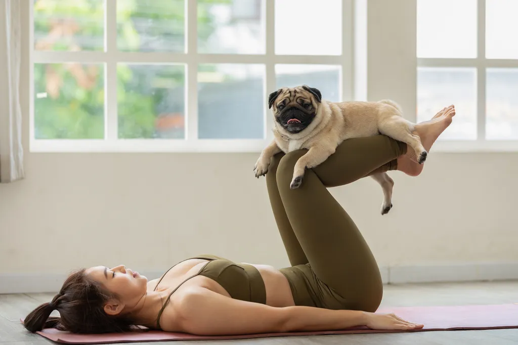 Otthoni jógázás kutyával Woman,Practice,Yoga,With,Dog,Pug,Breed,Enjoy,And,Relax love,practice,pug,woman,young,adho,happy,yoga,exercise,facing,mu 