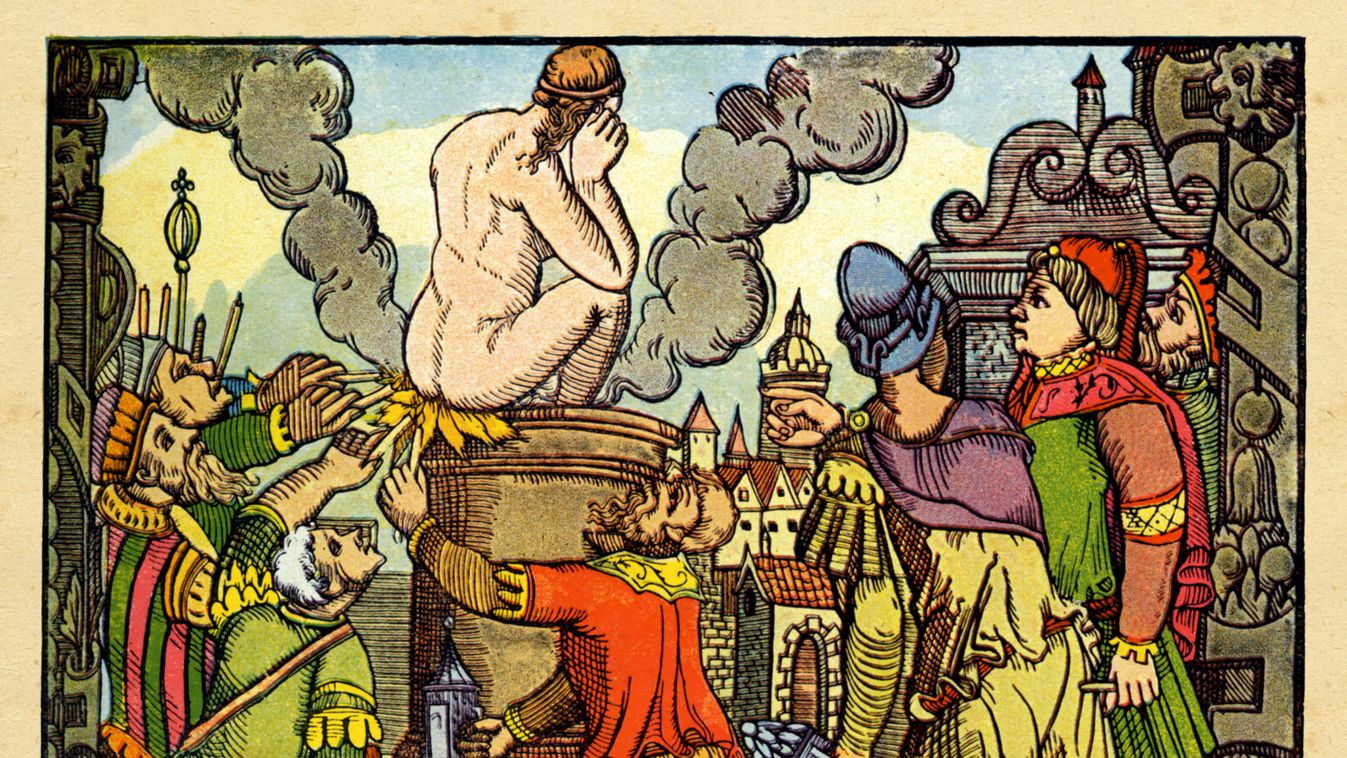 Witch Burnt Alive stake process woman fire female nude huty23525 Witch burnt alive, after a summary trial and condemnation by the notables of the city of Munich, seventeenth century. Popular print, reproduced by a color lithograph from an history treatise