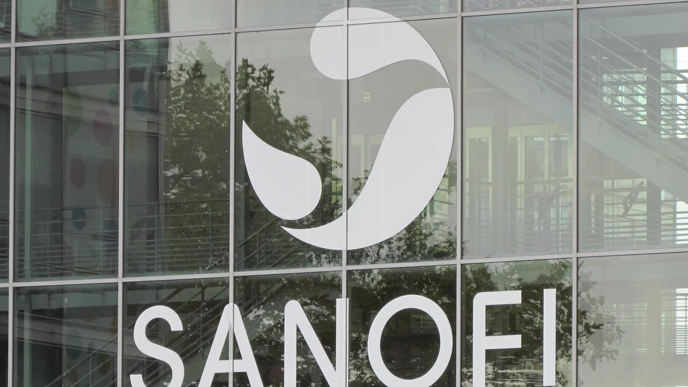 Lyon France, 3 October 2017: White logo of the french multinational pharmaceutical company Sanofi on their glass office building in Lyon France 