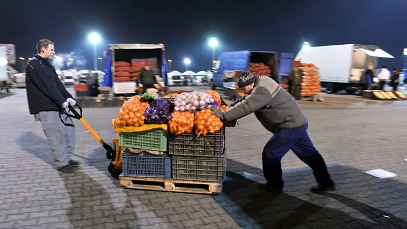 fővárosi közgyűlés, éves prémiumok kifizetése, Kereskedők a megvásárolt zöldséget viszik az autójukhoz a Budapesti Nagybani Piacon 