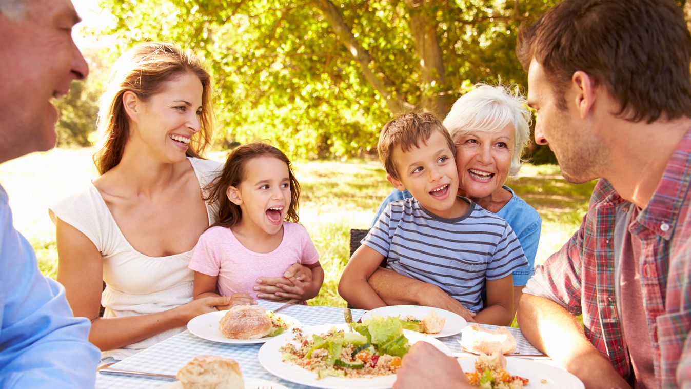 Multi-generation family eating together outdoors Dining Social Gathering Leisure Activity Women Men Medium Group Of People Gardening 60-69 Years 20-29 Years Senior Adult Young Adult Child Laughing Eating Caucasian Ethnicity Bonding Togetherness Relaxation