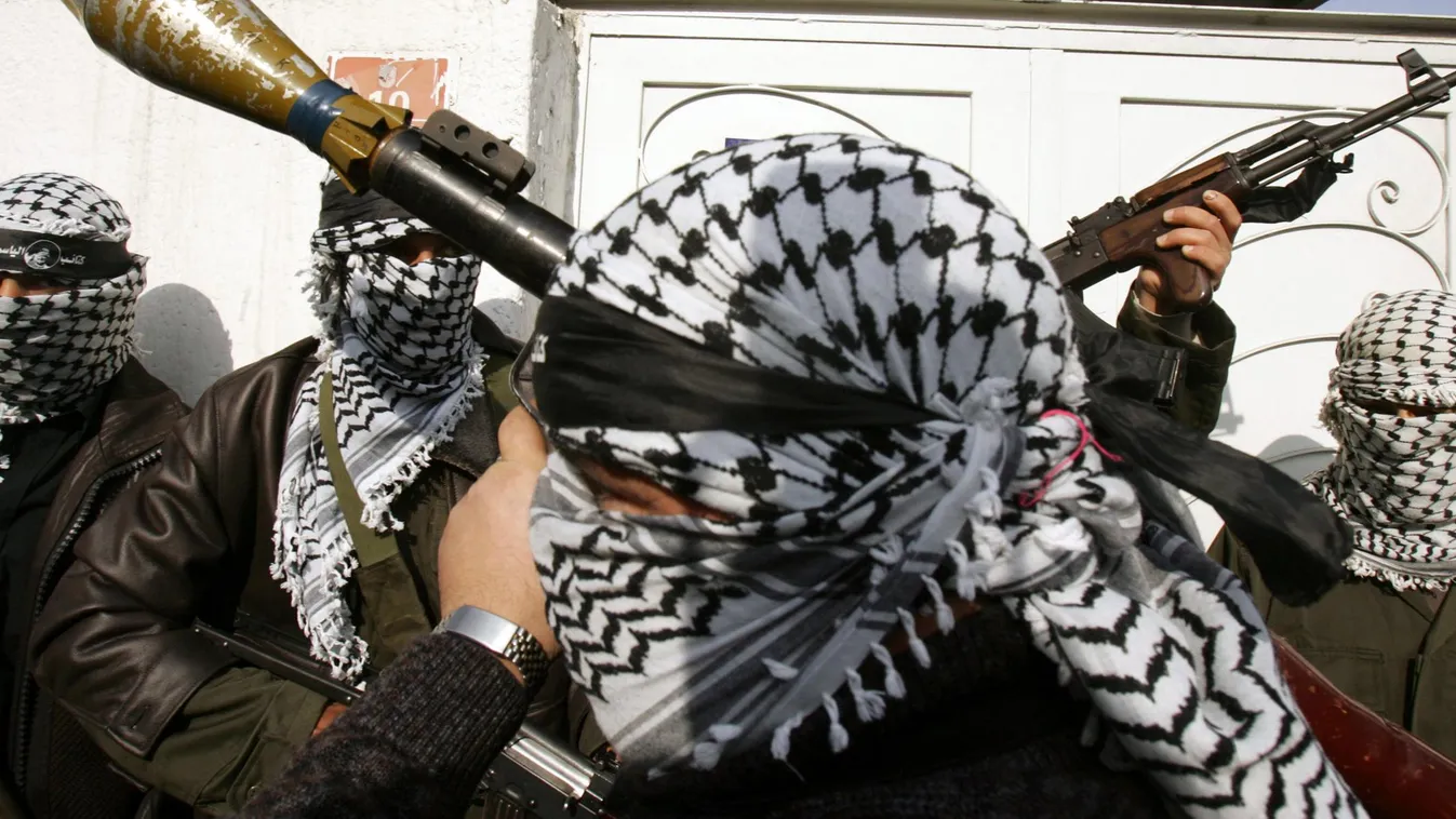 MIDDLE EAST LEGISLATIVE ELECTION PALESTINIAN HORIZONTAL ELECTION RESULTS WEAPON TERRORIST MOVEMENT KAFFIYEH FACE HIDDEN ROCKET LAUNCHER ILLUSTRATION Armed and masked gunmen from the AL-Yasser Brigades, an offshoot of the Fatah movement, surround the Europ