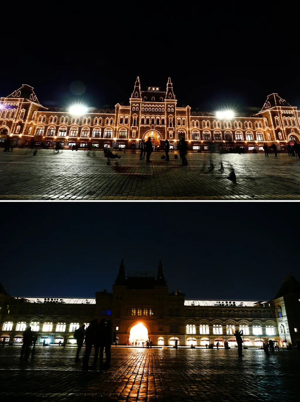 'Earth Hour' event of Red Square in Moscow Russia Moscow RED SQUARE earth hour Saint Basil's Cathedral Spasskaya Tower GUM department store 2019 