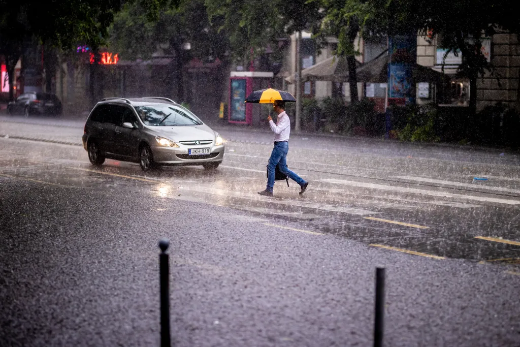 2021.07.19. Budapest, eső, esernyő, vihar, kidőlt fa, pocsolya, víz, gyalogos, autó, közlekedés, utazás, utas, 