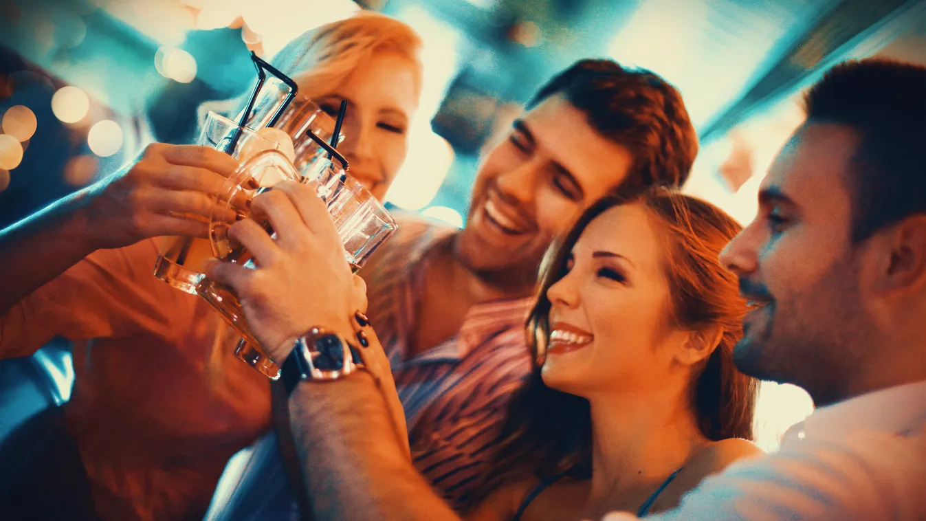 Group of young adults on a night out. Clubbing City Break Bar Counter Leisure Activity Women Men Small Group Of People Group Of People Weekend Activities Double Date Celebration Flirting Nightlife Nightclub Color Image Entertainment Club 30-39 Years 20-29