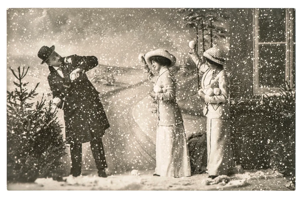 Happy,Young,People,Playing,In,Snow.,Vintage,Christmas,Holidays,Picture love,play,dress,couple,woman,beauty,snowfall,year,young,winter,c 