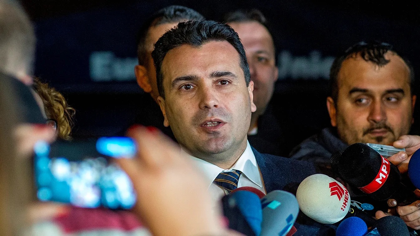 HORIZONTAL diplomacy The leader of Macedonia's biggest opposition party SDSM, Zoran Zaev (C) talks to the media in Skopje on January 16, 2016. 
EU Commissioner Johannes Hahn said in press statement that the negotiations between the four biggest political 