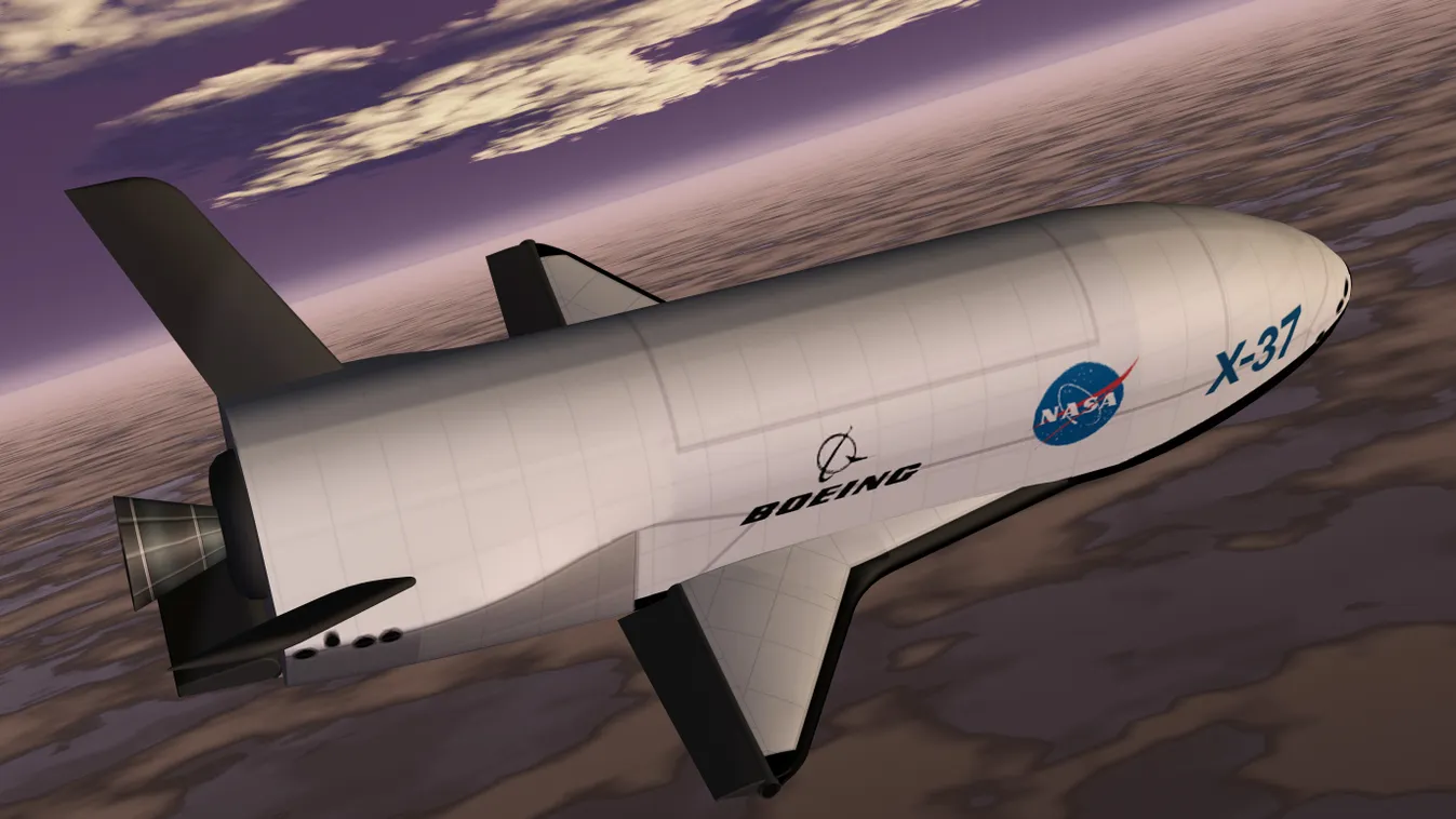 An artist's conception of the X-37 Advanced Technology Demonstrator as it glides to a landing on earth. Its design features a rounded fuselage topped by an experiment bay; short, double delta wings (like those of the Shuttle orbiter); and two stabilizers 
