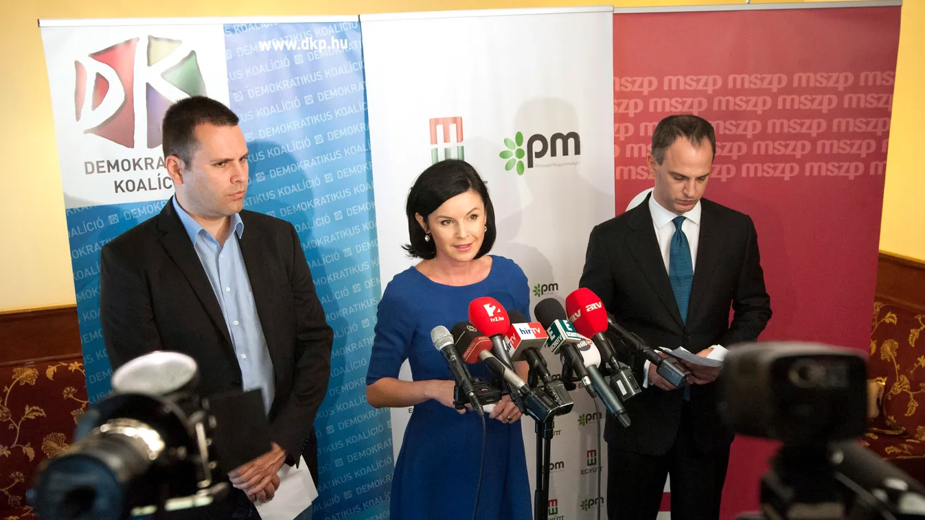 Itt még együtt tart sajtótájékoztatót Molnár Csaba (DK), Kunhalmi Ágnes és Szigetvári Viktor (Együtt-PM) 