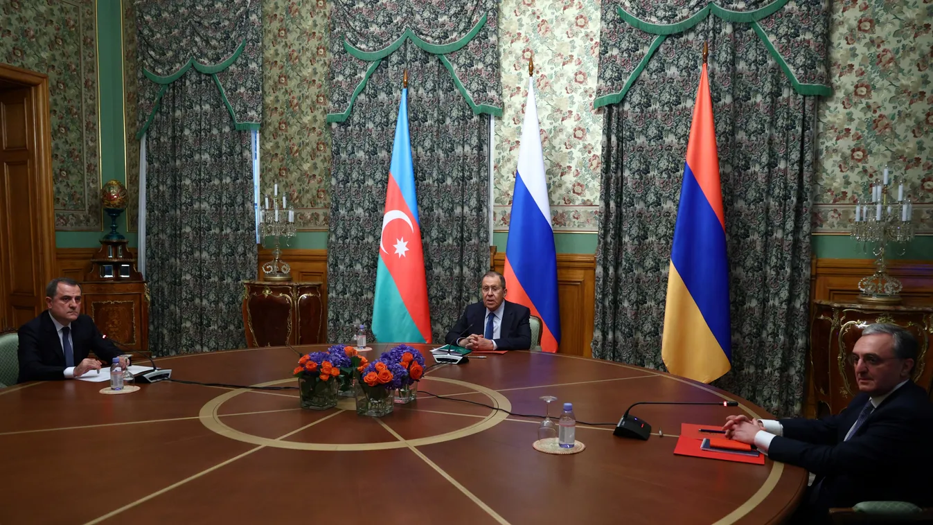 diplomacy Horizontal This handout photograph released by the Russian Foreign Ministry, shows Russian Foreign Minister Sergei Lavrov (C) as he chairs a meeting of Armenia's Foreign Minister Zohrab Mnatsakanyan (R) and Azerbaijan's Foreign Minister Jeyhun B