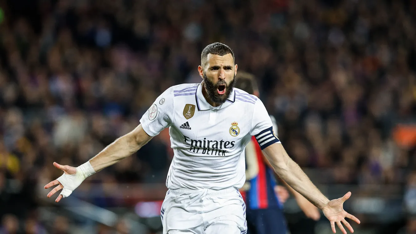 FC Barcelona Vs Real Madrid - Copa Del Rey Barcelona Spotify Camp Nou copa del rey kings cup 2023 Madrid Real Madrid clasico One Person Three quarter lenght celebrates Karim Benzema Spanish Kings Cup FC Barcelona Spotify Camp Nou Stadium April 5th 2023 Ho