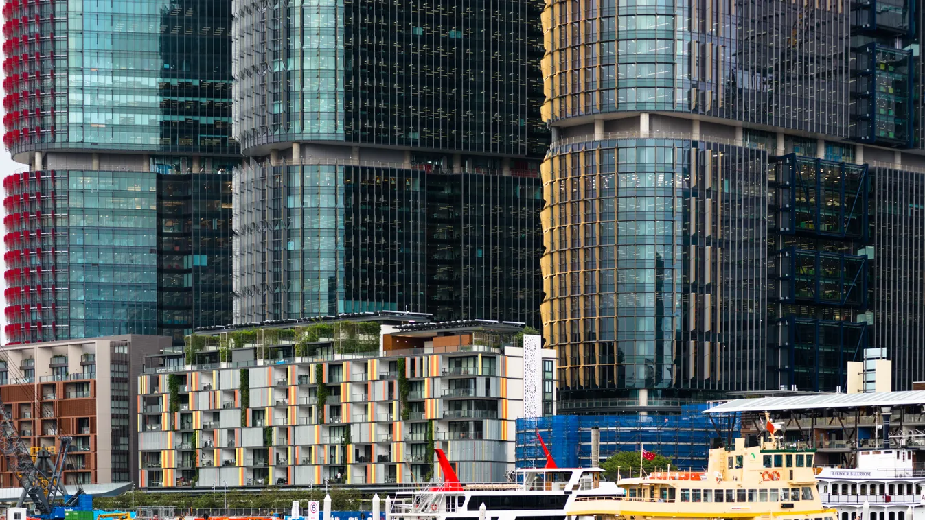 The towers of Barangaroo South seen from Darling Harbour, Sydney Australia. photography colour colour image COLOR color image HORIZONTAL horizontal image outdoors outside day background people incidental people people in the background travel travel desti