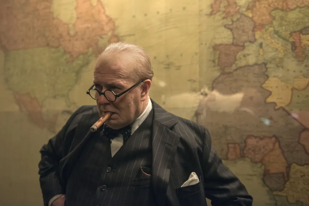 Darkest Hour Cinema BIOGRAPHY HISTORY Winston Churchill case of conscience SECOND WORLD WAR WWII 1940s MAN PRIME MINISTER PORTRAIT round glasses pocket handkerchief map CIGAR geographical map 