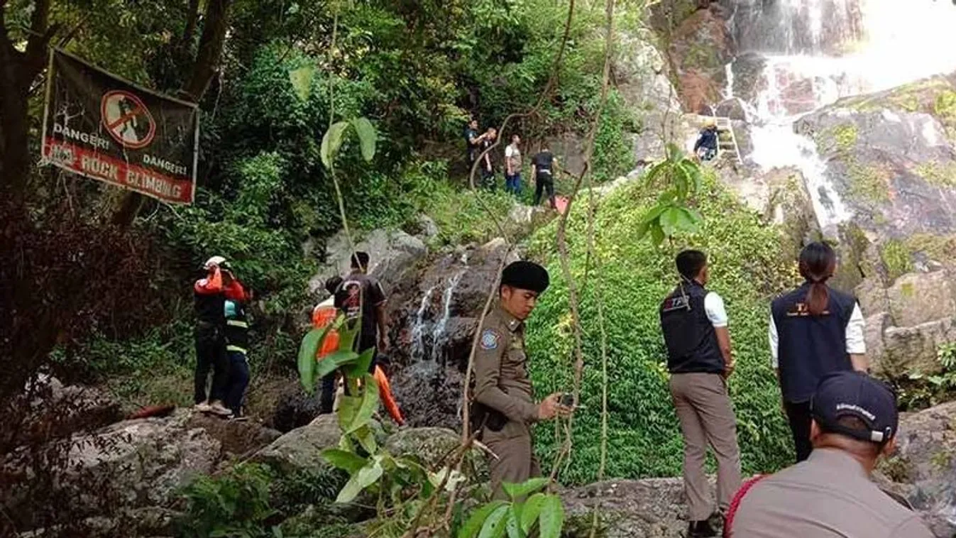 Szelfi, vízesés, Bastien Palmier, turista, Thaiföld 