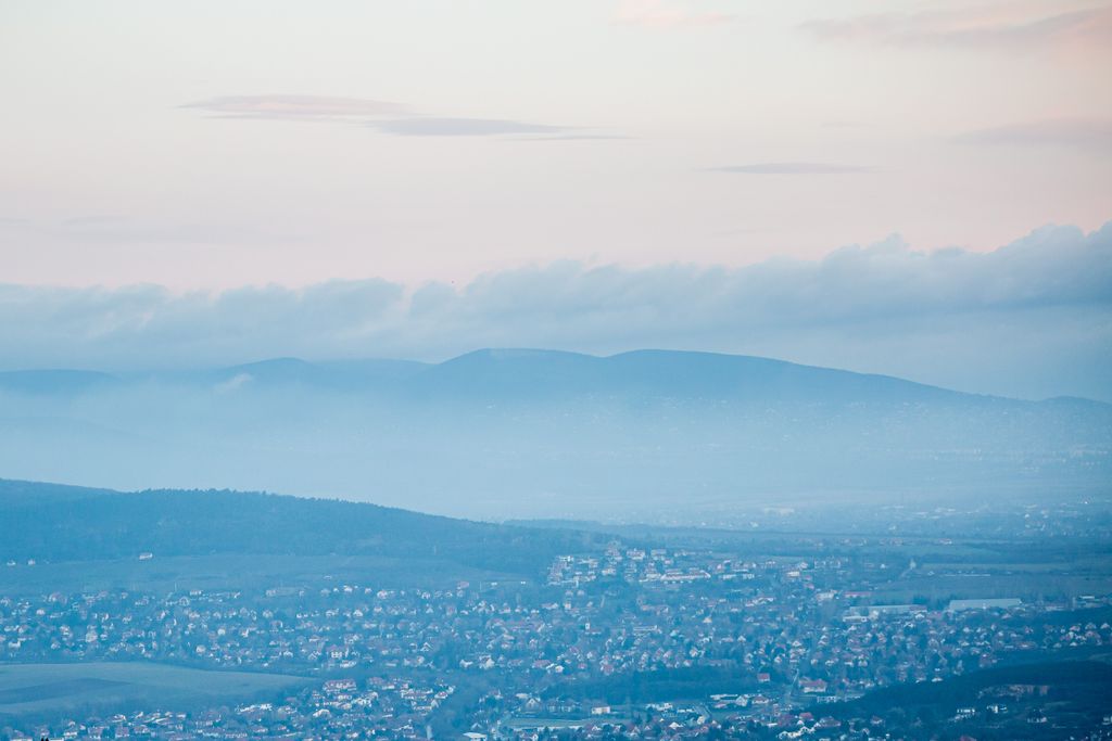 hármashatár-hegy, napfelkelte, Budapest, hó, dér, köd, város, természet, látvány 