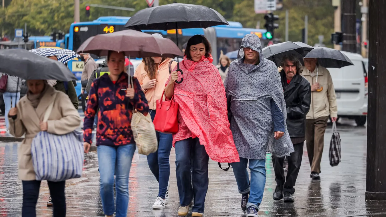 ősz, eső, esernyő, időjárás, hideg, város, járókelők, kabát, Széll Kálmán tér 