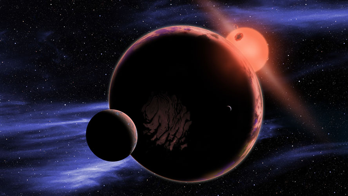 vörös törpe, The artist's conception shows a hypothetical planet with two moons orbiting in the habitable zone of a red dwarf star. 
