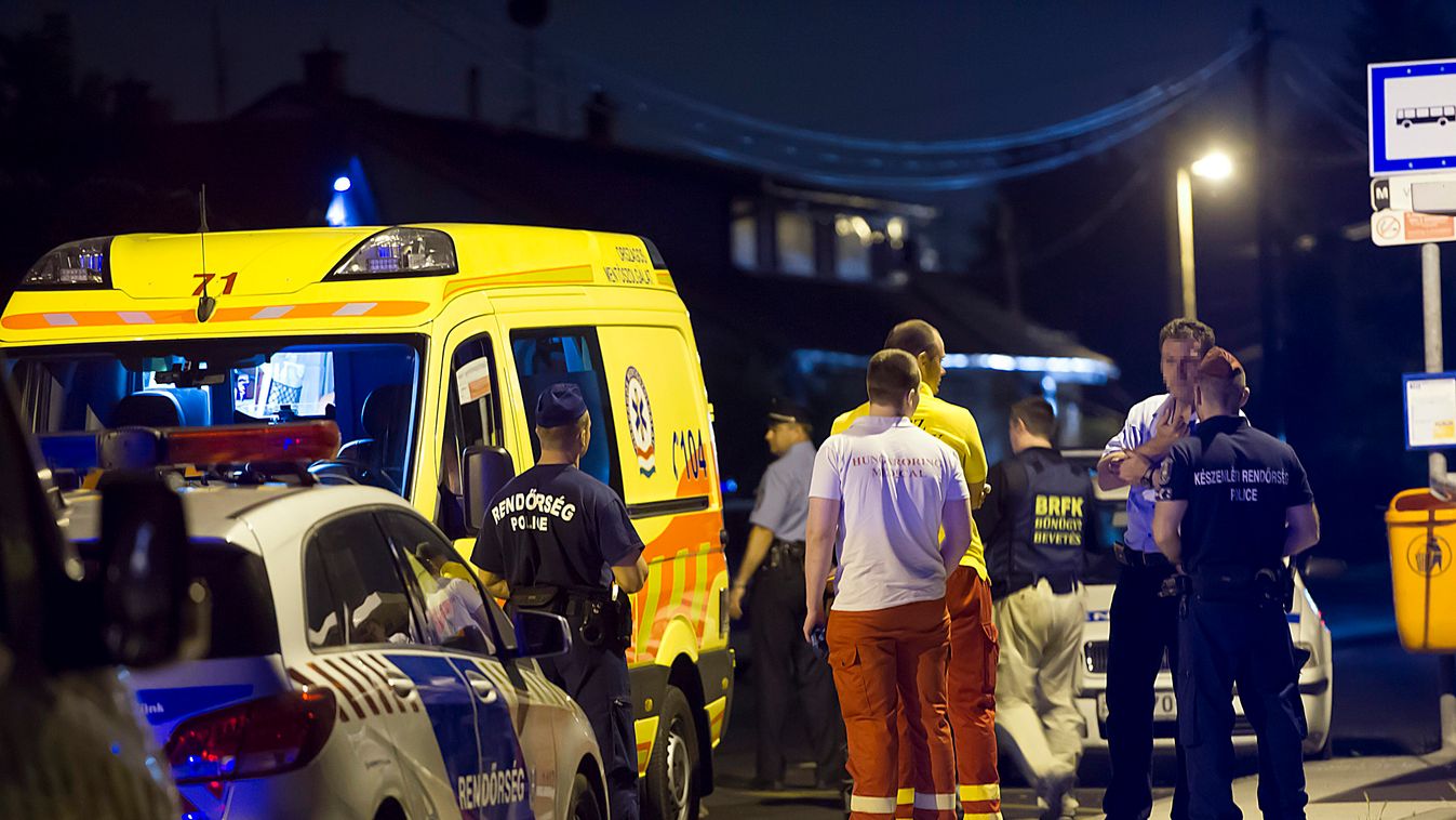 Budapest, 2015. május 14.
Rendőrök és mentők dolgoznak 2015. május 13-án késő este a XXIII. kerületi Majori úton, ahol egy buszmegállóban két, több fős társaság között szóváltás, majd dulakodás alakult ki. A vita tettlegességig fajult, és egy gumilövedéke