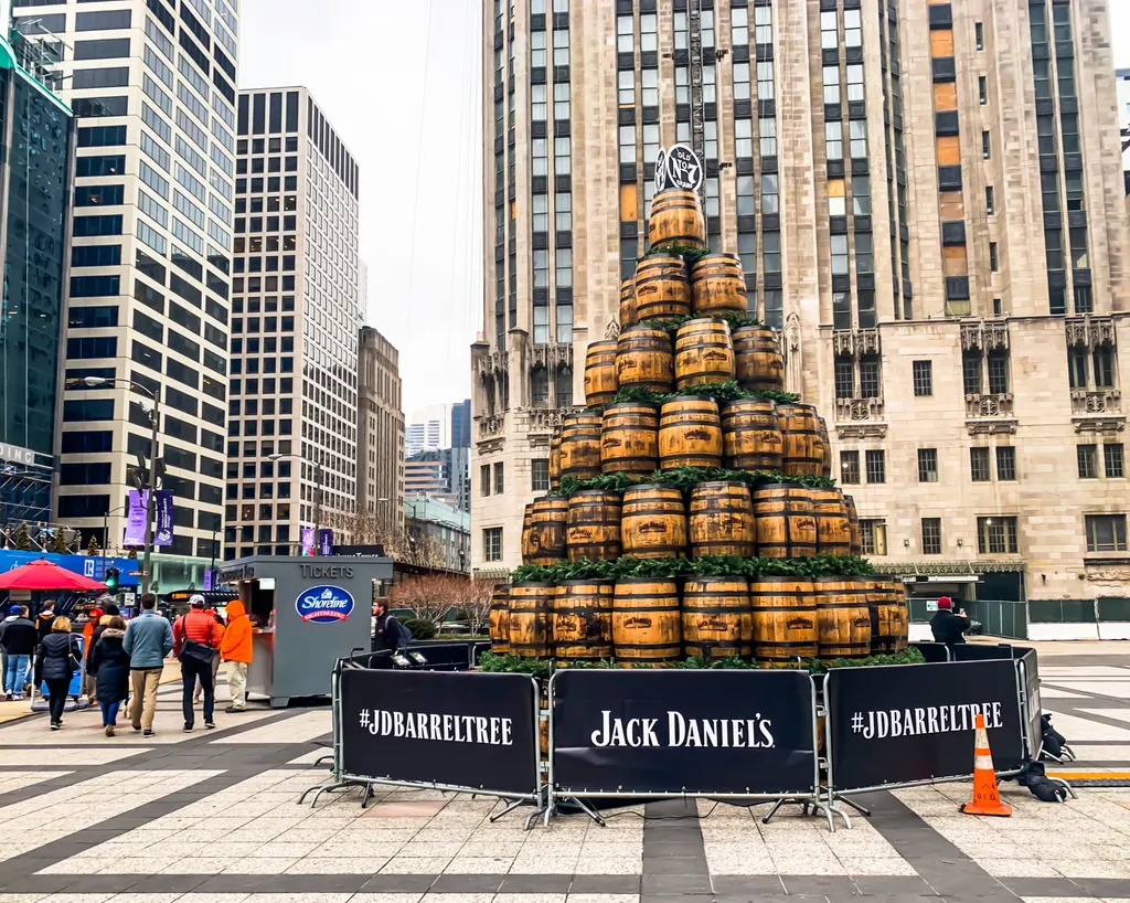 Jack Daniels christmas tree 
CHICAGO, ILLINOIS, USA - November 29, 2019: Jack daniels- JD barrel tree on michigan avenue during winter 