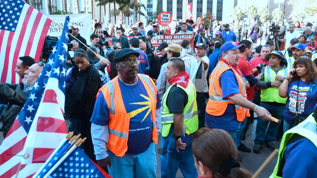 immigration demonstration Horizontal People gather holding placards and voicing their displeasure with the recent US election results on International Migrants Day on December 18, 2016, in Los Angeles.   / AFP PHOTO / Frederic J. BROWN 