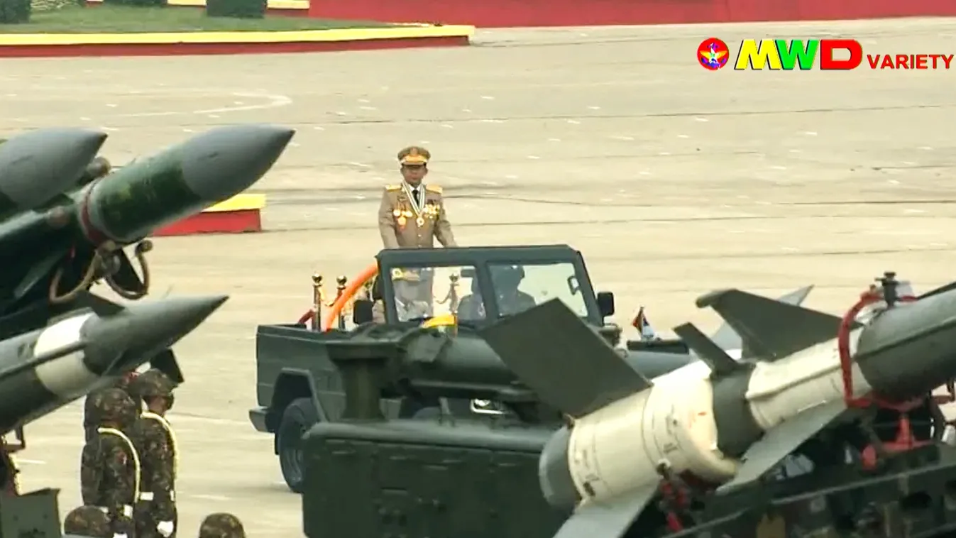 government coup armament defence Horizontal This screengrab provided via AFPTV and taken from a broadcast by Myawaddy TV in Myanmar on March 27, 2021 shows Myanmar armed forces chief Senior General Min Aung Hlaing attending an annual parade put on by the 