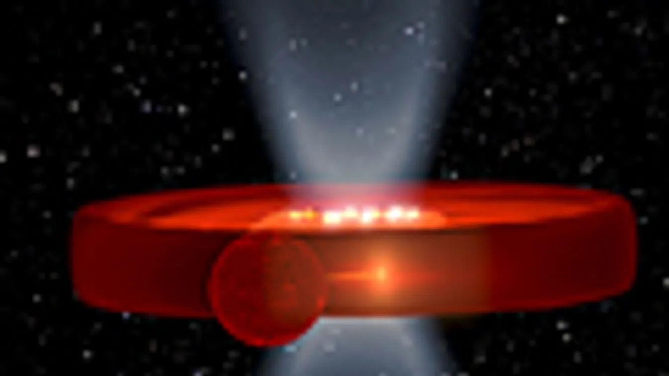fekete lyuk, A fekete lyukat vastag anyagkorong veszi körül. Az előtérben látható a körülötte keringő vörös törpecsillag, amelyikből anyag áramlik be a gázkorongba