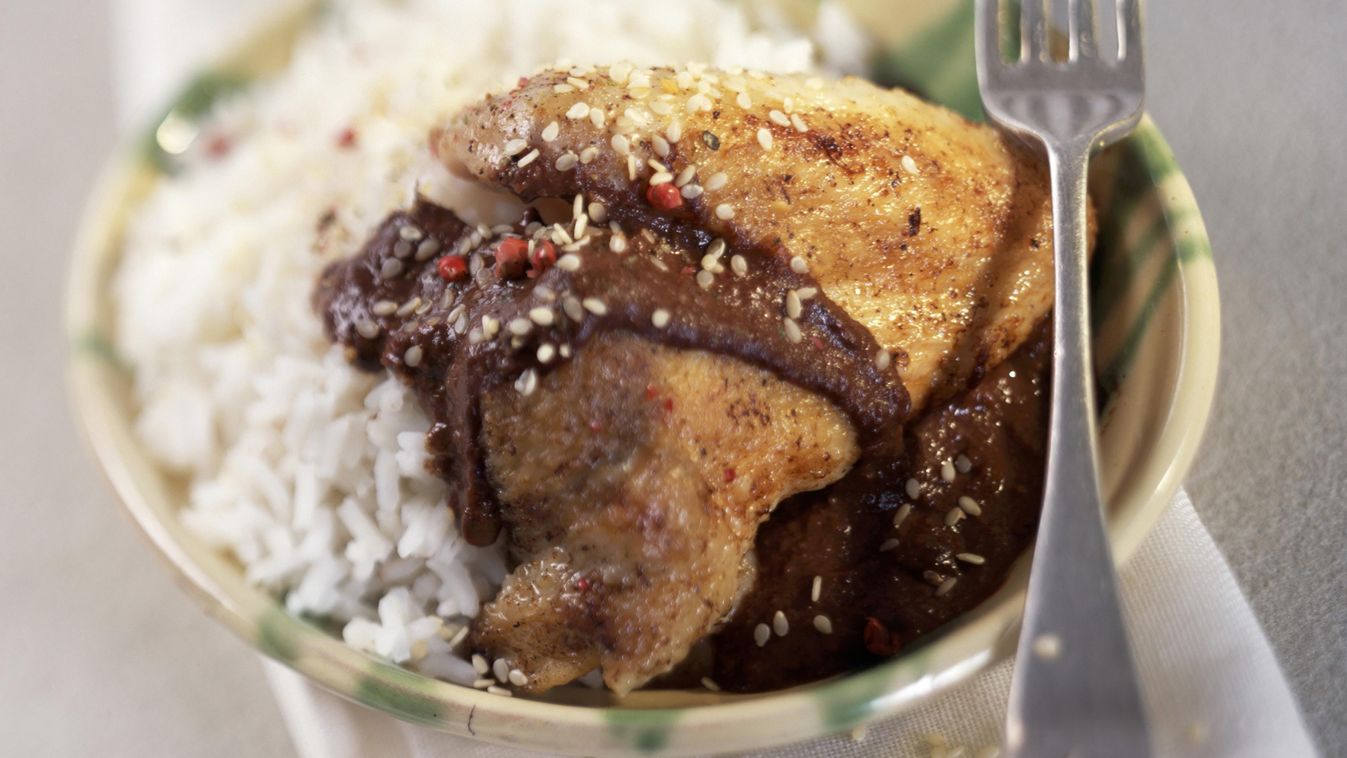 Chicken and rice in chocolate sauce All seasons Balanced Beige Blurred BROWN COLOUR CAST Cheap SWEET CHESTNUT Chicken CHOCOLATE COLOR Easy FORK Long Main dish MEAT POULTRY Prepared dish RICE Sauce Selective focus SPICE Style Sweet and savoury Colored 