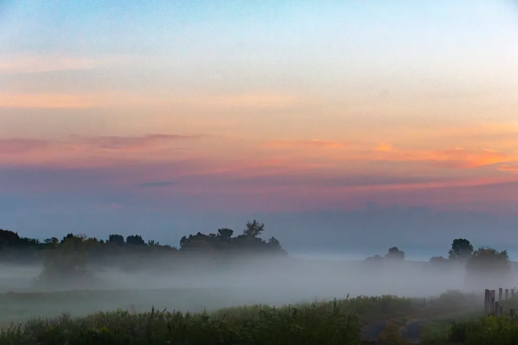 Köd napfelkeltekor Sávoly közelében 2021. augusztus 4-én. 