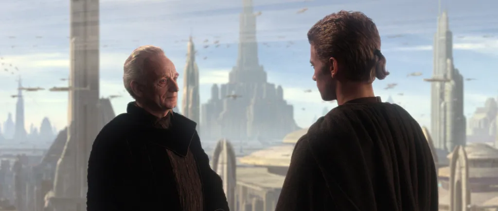 Star Wars II, Attack of the Clones Cinema USA adventure science fiction fantasy men palpatine Anakin Skywalker conversation to influence panoramic SQUARE FORMAT 
