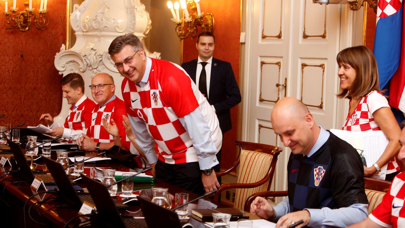 Croatia cabinet meets in soccer team jerseys cabinet FOOTBALL FINAL FIFA WORLD CUP ministers GOVERNMENT Croatia support MINISTER Soccer 2018 jersey photography Prime Minister of Croatia Politics and Government Andrej Plenkovic Enthutiasm Jerseys 
