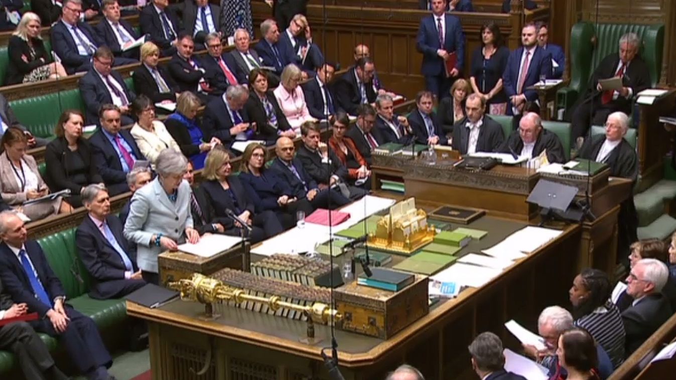 politics Horizontal A video grab from footage broadcast by the UK Parliament's Parliamentary Recording Unit (PRU) shows Britain's Prime Minister Theresa May (centre left) making a statement in the House of Commons in London on March 25, 2019 outlining the