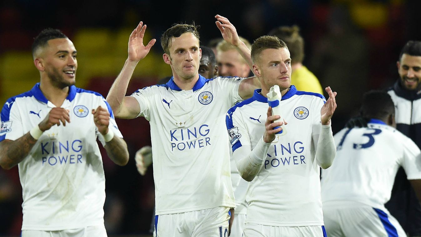 Leicester City's English defender Danny Simpson (L), Leicester City's Welsh midfielder Andy King (C) and Leicester City's English striker Jamie Vardy 
