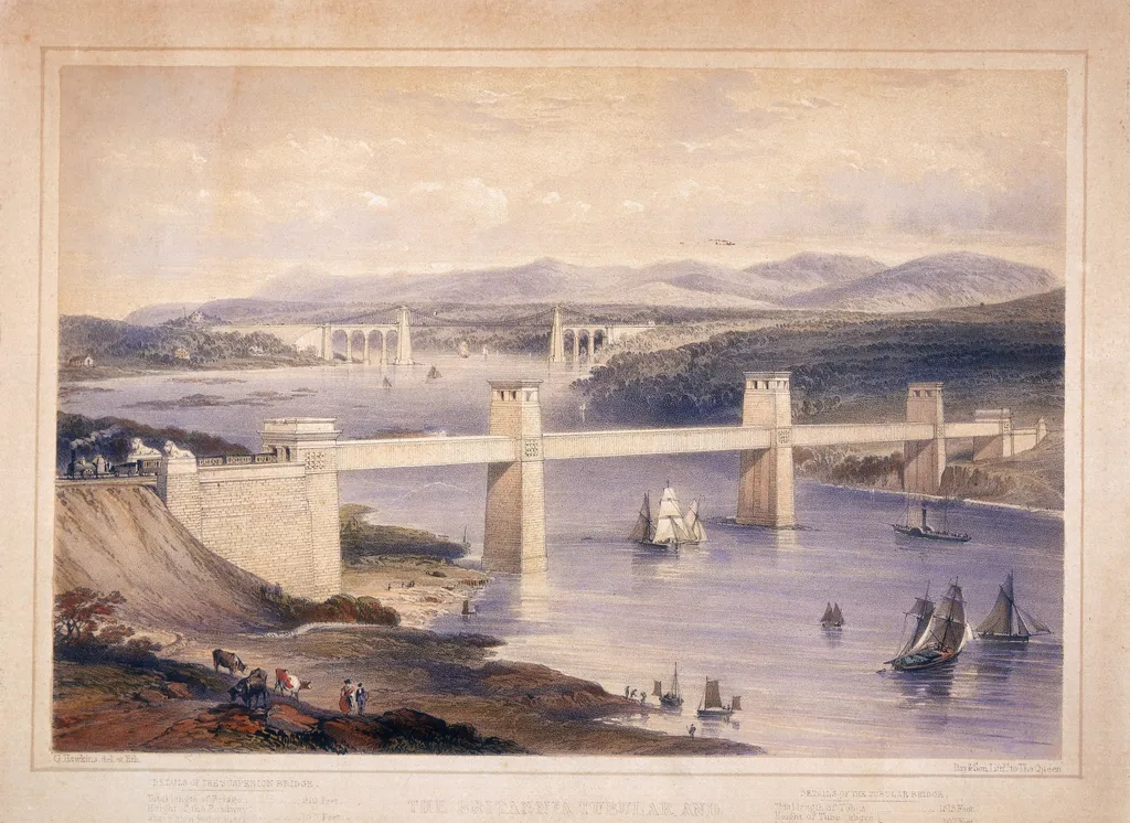 Menai-szoros hídja, Wales, függőhíd, 
 Britannia Tubular Bridge over Menai Straits Civil Engineering england ireland Horizontal TRANSPORT DANGEROUS MATERIALS COMMERCE 