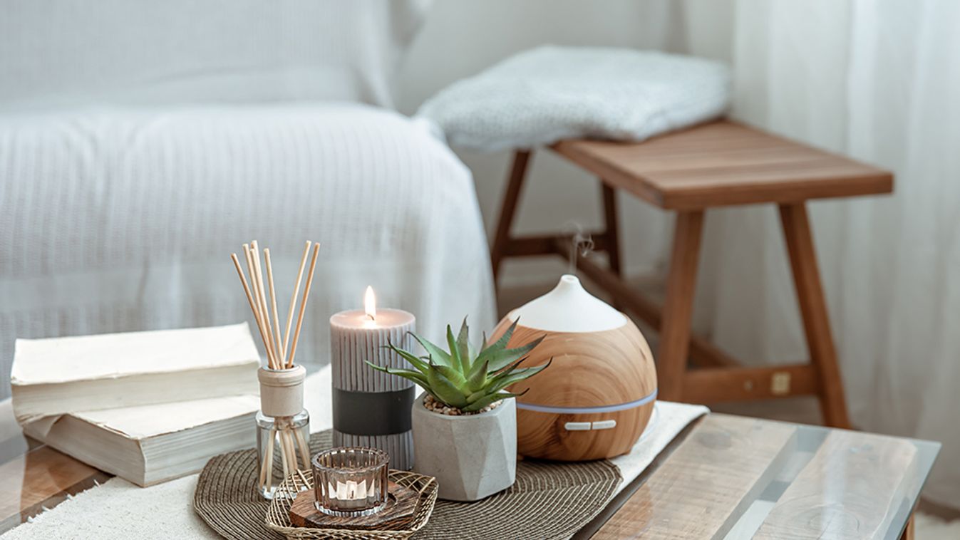 Decorative details of the interior of a room in a Scandinavian style. room interior scandinavian detail decor diffuser aromatic composition humidifier candle book design home minimalism modern style living contemporary white apartment comfort comfortable 