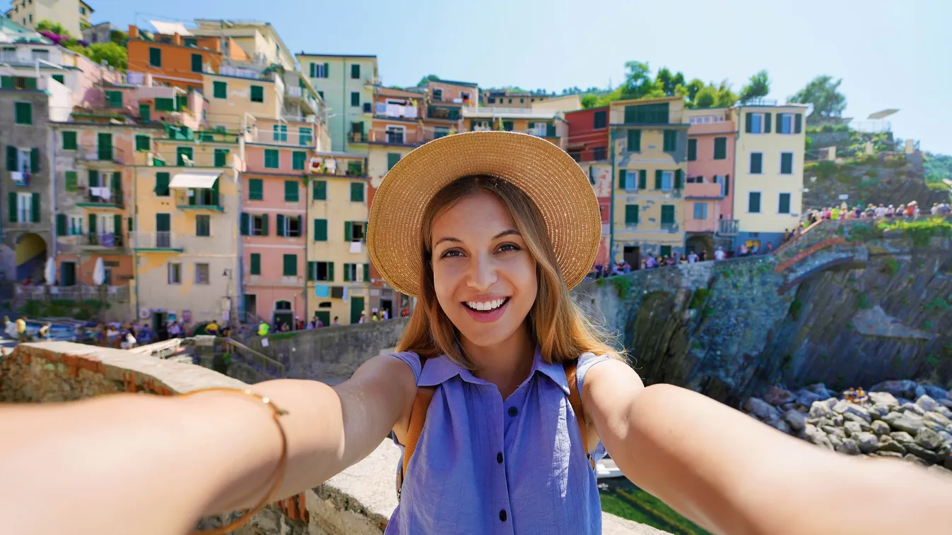 selfie, szelfi, turista, portofino, olaszország 