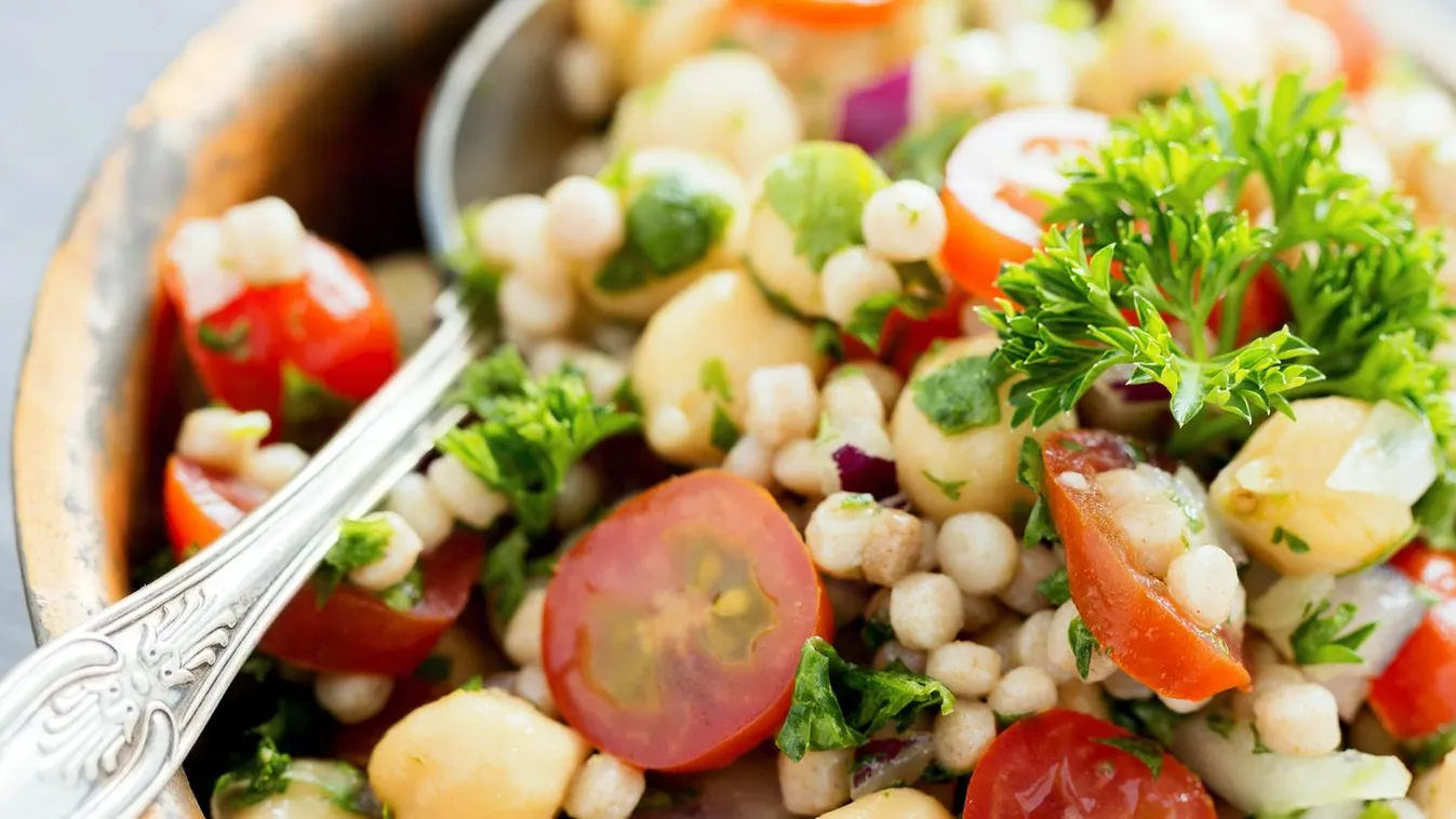 Chickpea and Couscous Salad Healthy Eating Photography Whole Wheat Vegetarian Food Copy Space Raw Color Image Chick-Pea Couscous Olive Oil Multi Colored Food And Drink Horizontal Parsley Cilantro Herb Tomato Bean Onion Vegetable Salad Pasta Food Bowl Spoo