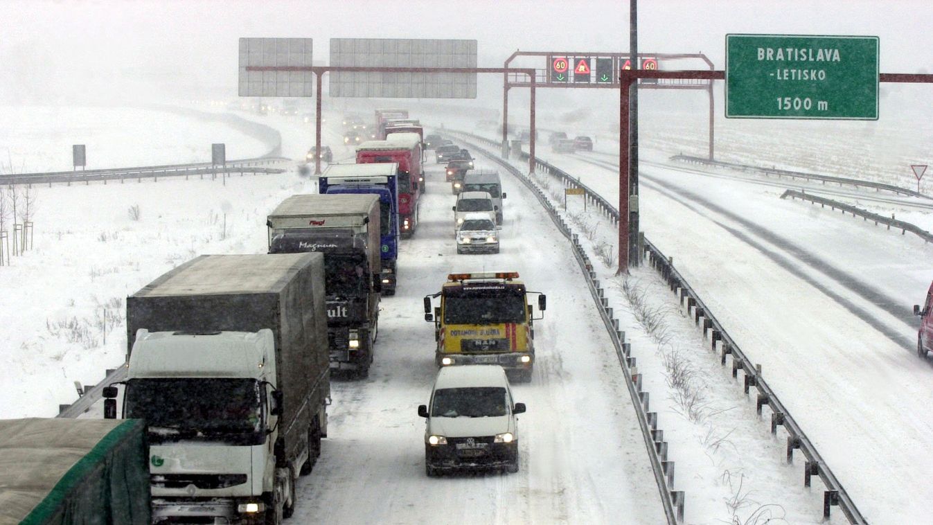 Cars and trucks blocked on the highway D1 from Bratislava to Trnava which was closed by the police due to mass accidents of some 60 vehicles 30 December 2005 when the central and western Slovakia was hit by a heavy snowstorm. autópálya 