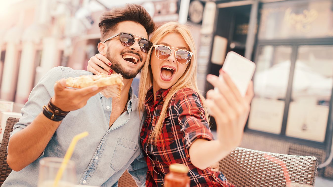 Dating,In,Pizzeria.,Handsome,Smiling,Couple,Enjoying,In,Pizza,,Having handsome,couple,lunch,friendship,fast food,caucasian,enjoy,toget 