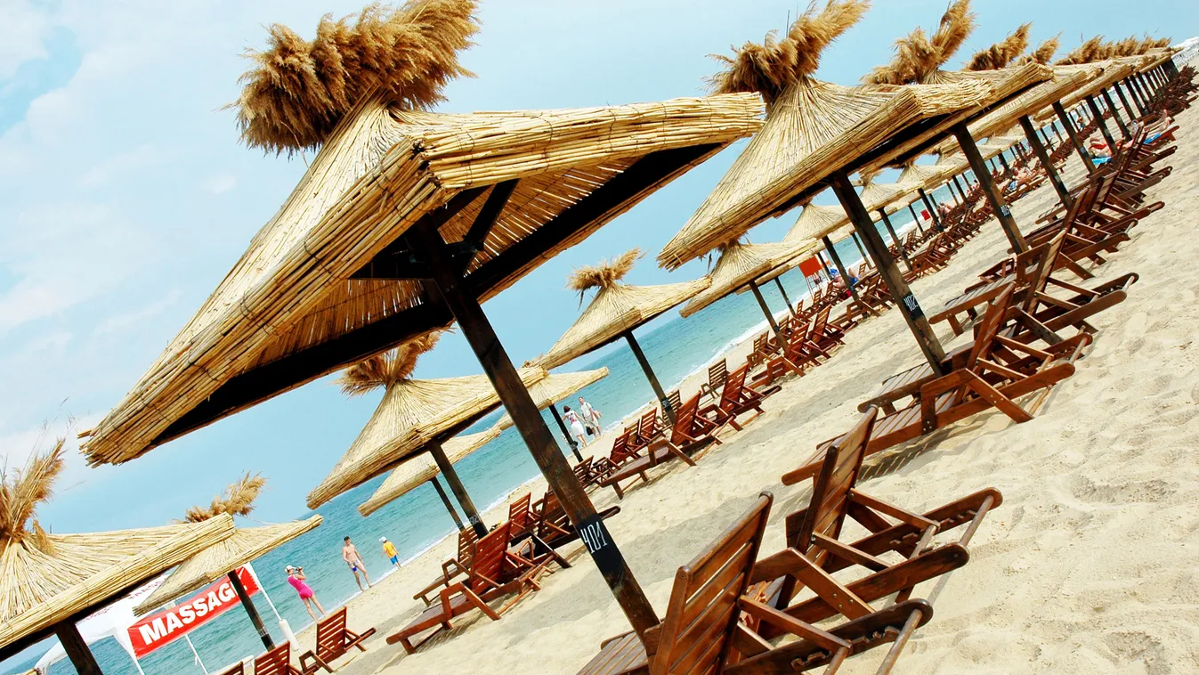 Beach Bulgaria Day Europe Geography Golden Sands Landscape Outdoors Palapa People Sea Season Summer HORIZONTAL 