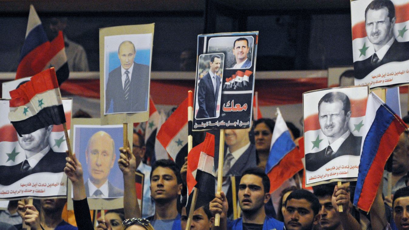 Rally of Latakia residents in Syria banner poster photograph putin rf assad aerospace defense force SQUARE FORMAT 