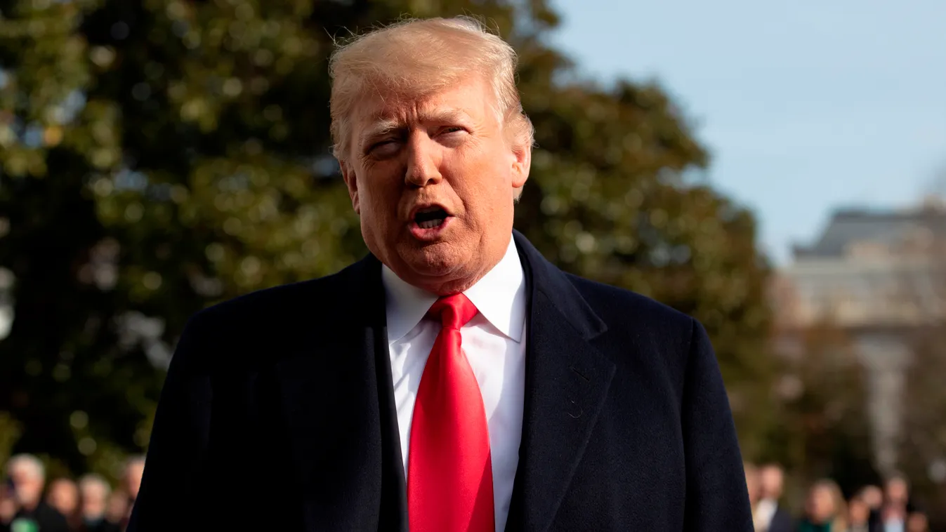 politics Horizontal US President Donald Trump talks to reporters prior to boarding Marine One as he departs the White House in Washington, DC on December 8, 2018. - Trump travels to Philadelphia, Pennsylvania, to attend the annual Army Navy football game.