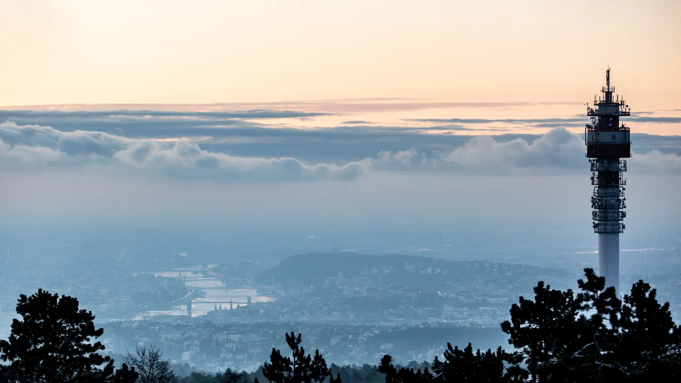 hármashatár-hegy, napfelkelte, Budapest, hó, dér, köd, város, természet, látvány 